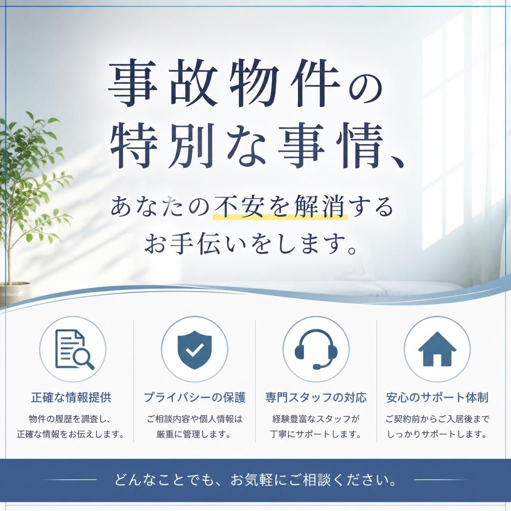 事故物件の特別な事情、あなたの不安を解消するお手伝いをします。