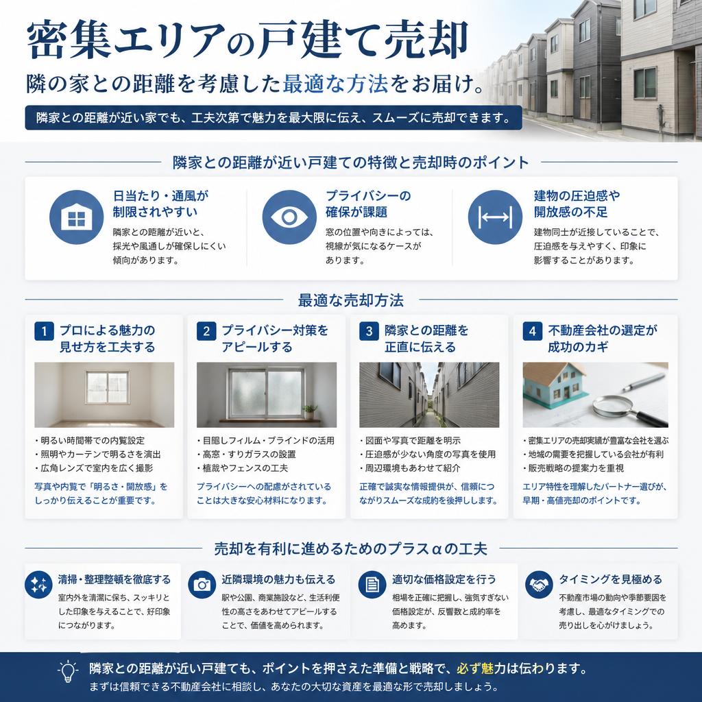 密集エリアの戸建て売却、隣の家との距離を考慮した最適な方法をお届け。