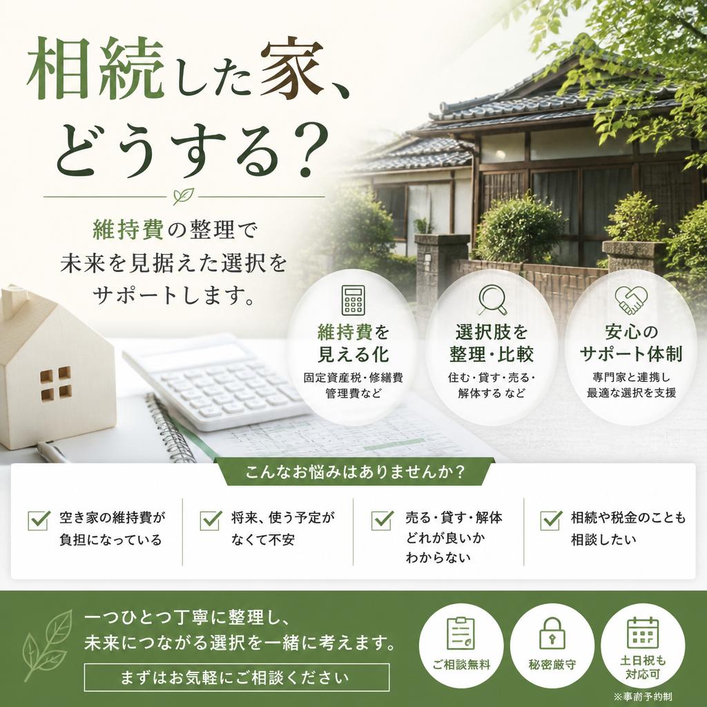 相続した家、どうする？維持費の整理で未来を見据えた選択をサポートします。